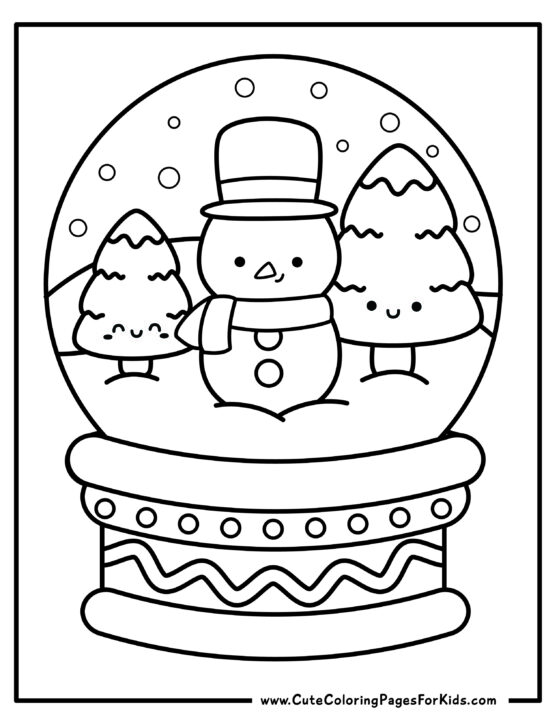 coloring page with picture of a snow globe with a cute snowman and trees inside of it