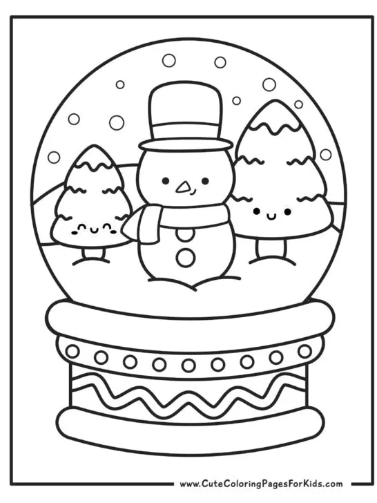 coloring page with picture of a snow globe with a cute snowman and trees inside of it