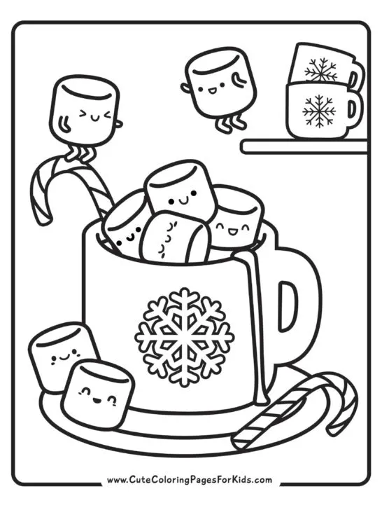 funny winter coloring page with kawaii marshmallows jumping into a mug of hot cocoa