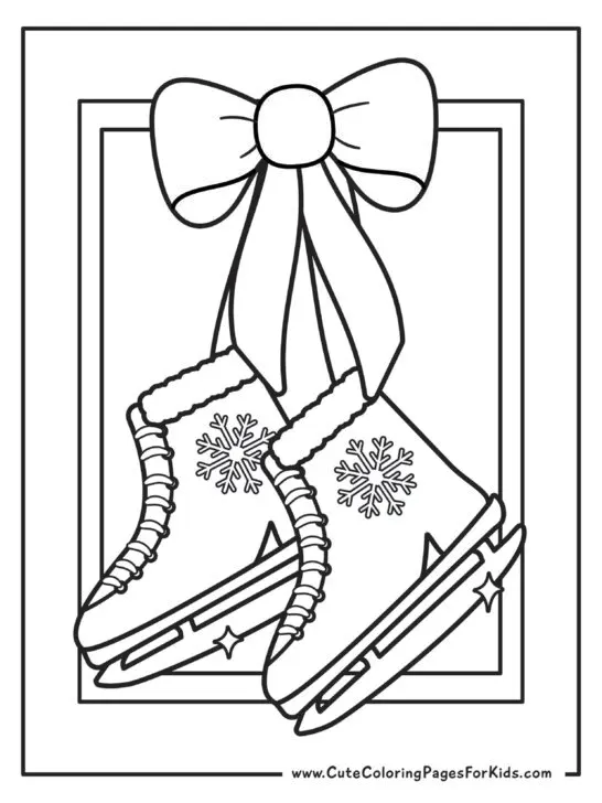 coloring page with ice skates hanging on a door with a big bow