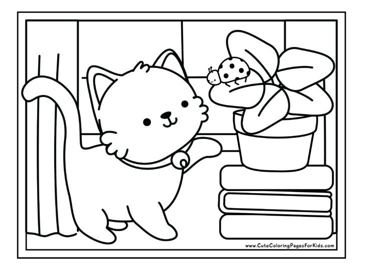 coloring sheet with playful kitten meeting a friendly ladybug who is perched on a plant atop some books