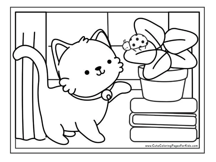 coloring sheet with playful kitten meeting a friendly ladybug who is perched on a plant atop some books