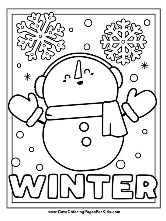 cute winter coloring page with snowman, mittens, and snowflakes to color