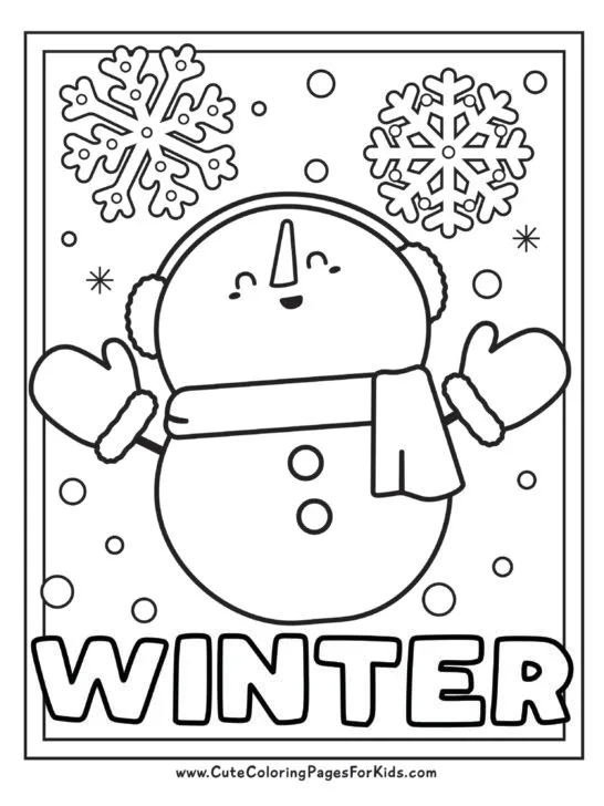 cute winter coloring page with snowman, mittens, and snowflakes to color