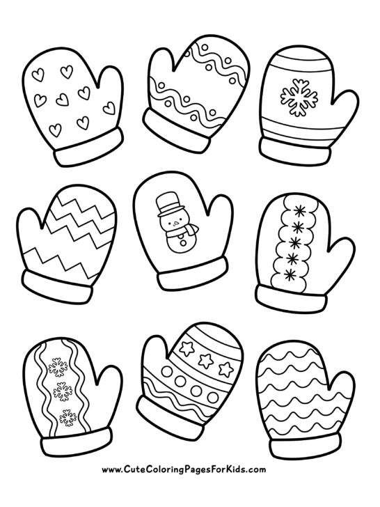 coloring page with winter mittens that have different patterns on them