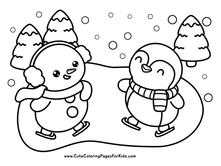 coloring page with ice skating snowman and penguin on a snowy day with winter trees in the background