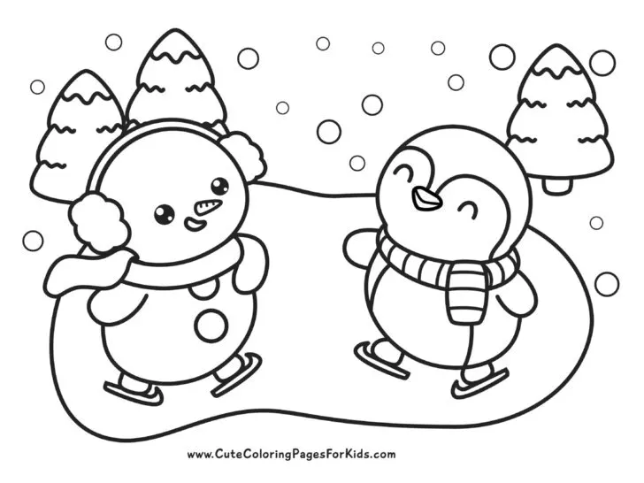 coloring page with ice skating snowman and penguin on a snowy day with winter trees in the background