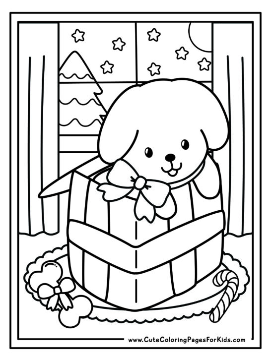 detailed Christmas coloring page with cute puppy Christmas popping out of a present in front of a snowy window.