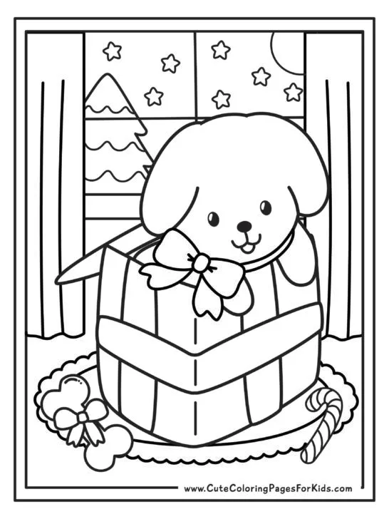 detailed Christmas coloring page with cute puppy Christmas popping out of a present in front of a snowy window.