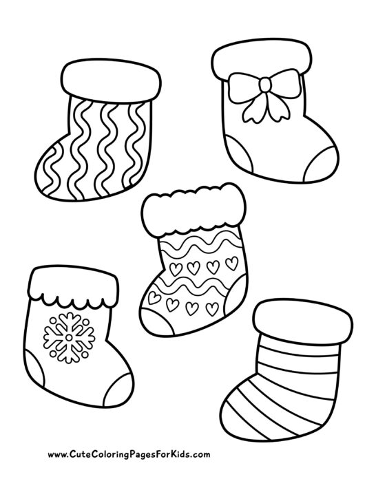 coloring page with five Christmas stockings that have different patterns to color