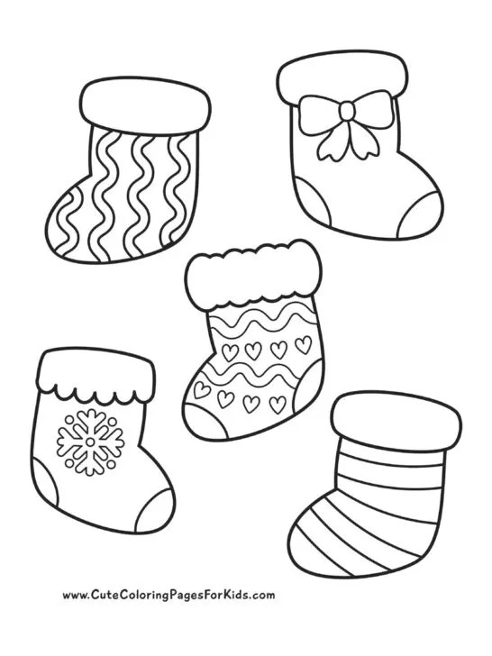 coloring page with five Christmas stockings that have different patterns to color