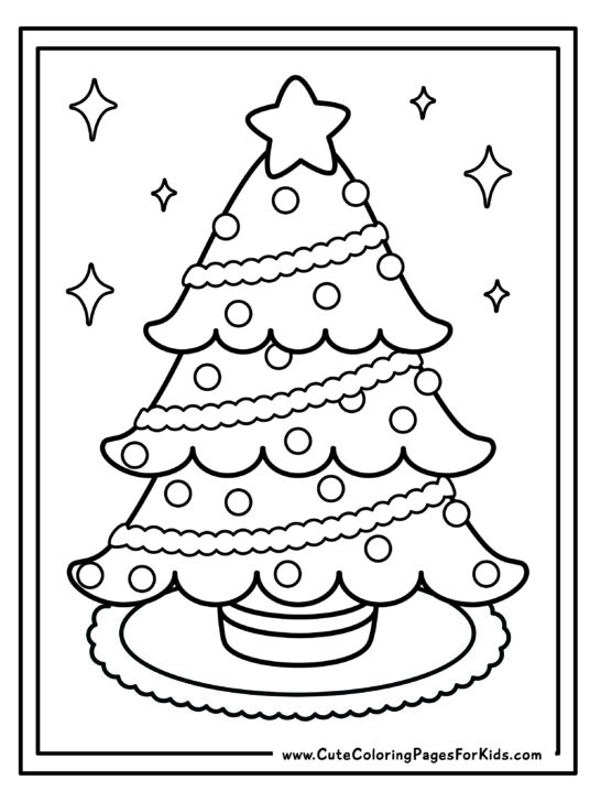 coloring page with simple Christmas tree that is decorated with balls and garland