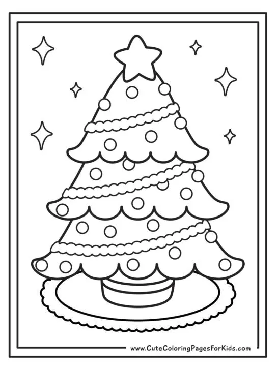 coloring page with simple Christmas tree that is decorated with balls and garland