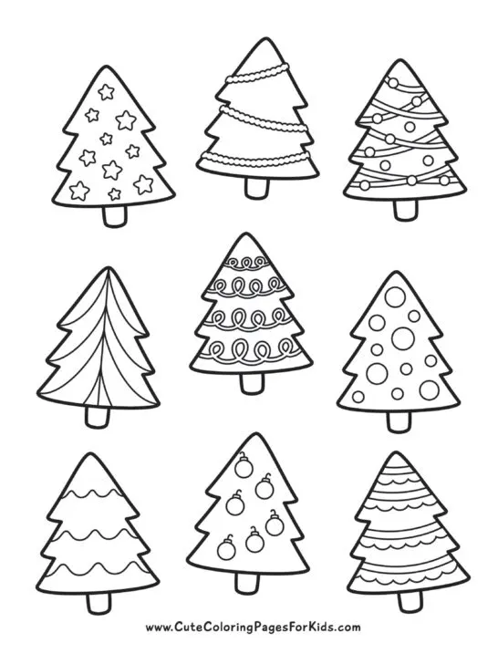 coloring sheet with Christmas trees in different patterns to color