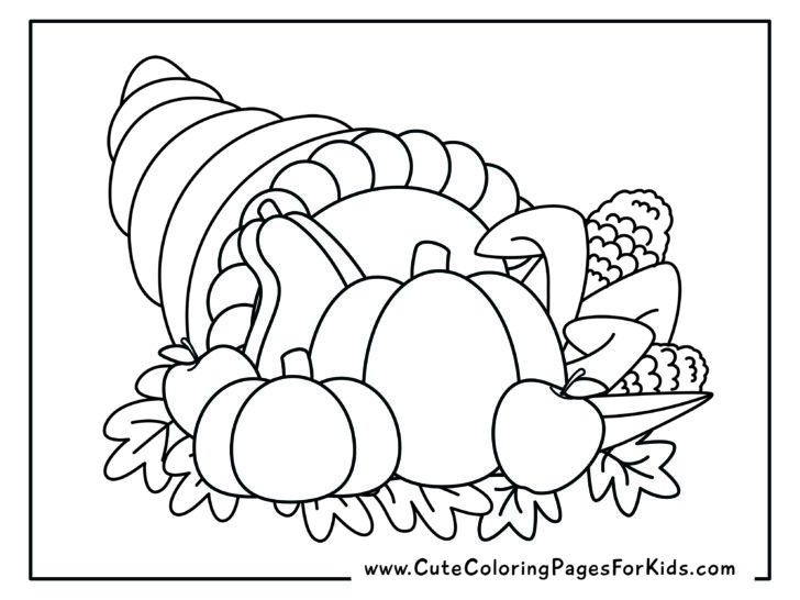 cornucopia coloring page with pumpkins, gourds, apples, corn, and leaves coming out of it.