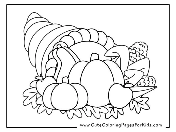 cornucopia coloring page with pumpkins, gourds, apples, corn, and leaves coming out of it.