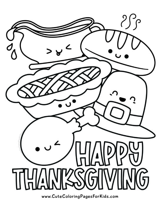 Thanksgiving coloring sheet with large, Thanksgiving feast elements, including turkey leg, apple pie, pilgrim hat, bread loaf, and gravy boat, that are large and easy to color.