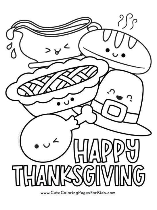 Thanksgiving coloring sheet with large, Thanksgiving feast elements, including turkey leg, apple pie, pilgrim hat, bread loaf, and gravy boat, that are large and easy to color.