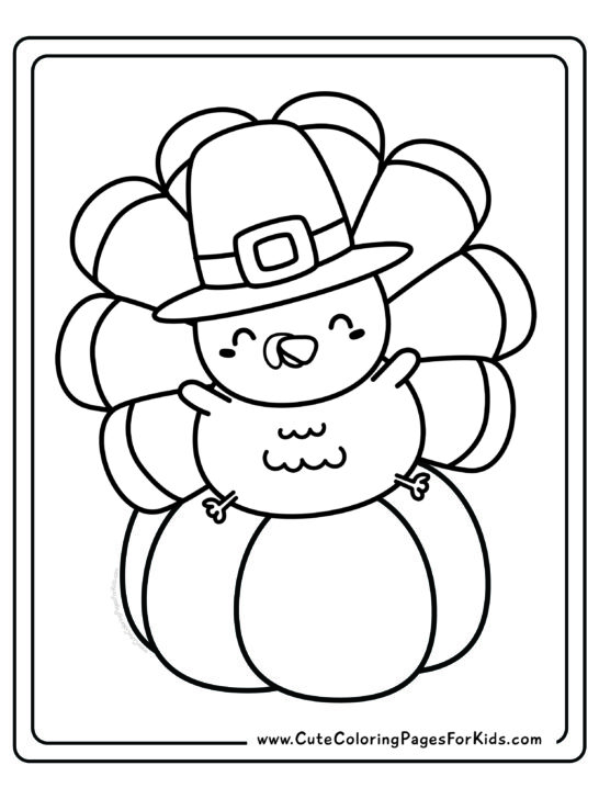 coloring page with picture of a cute, cartoon Thanksgiving turkey wearing a pilgrim hat and sitting on a pumpkin. 