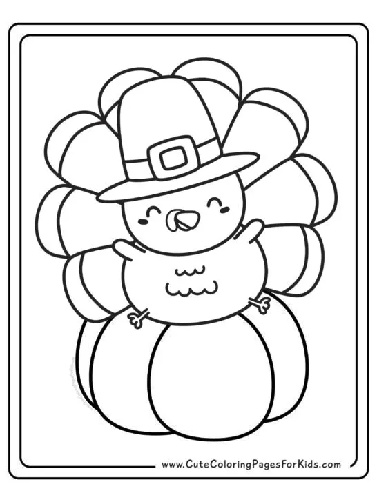 coloring page with picture of a cute, cartoon Thanksgiving turkey wearing a pilgrim hat and sitting on a pumpkin. 