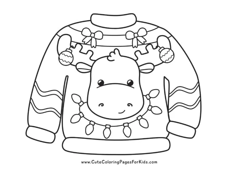 coloring page of Christmas sweater that has a moose with ornaments on his antlers and a necklace of Christmas string lights