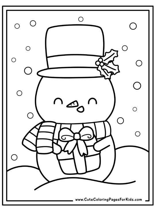 coloring page with picture of a cute snowman wearing a top hat with holly and a scarf, while holding a Christmas present, among a snowy background.