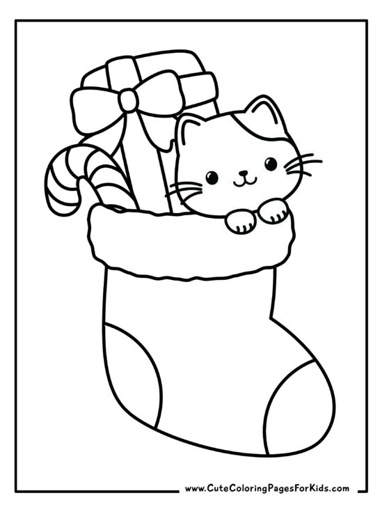 coloring page of a Christmas stocking that has a wrapped present, a candy cane, and a cute kitten poking out of the top.