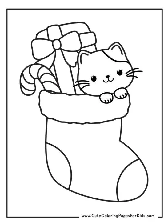 coloring page of a Christmas stocking that has a wrapped present, a candy cane, and a cute kitten poking out of the top.