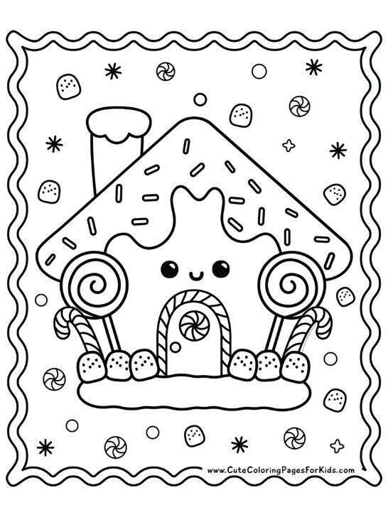 cute gingerbread house coloring page with icing, lolipops, candy canes, gumdrops, and sprinkles