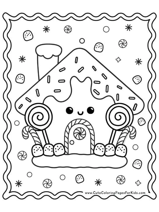 cute gingerbread house coloring page with icing, lolipops, candy canes, gumdrops, and sprinkles