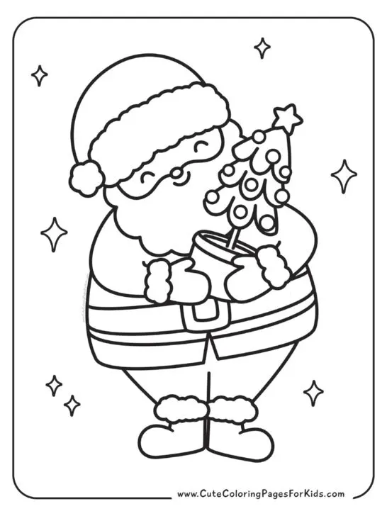 santa coloring page with picture of Santa Claus smiling and holding a potted Christmas tree