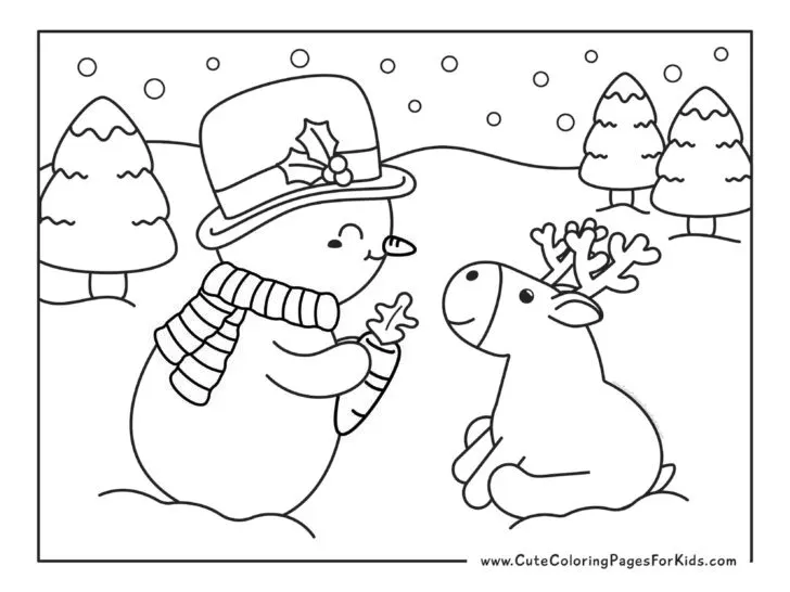 snowman coloring page with picture of a cute snowman wearing a scarf and top hat, and feeding a carrot to a cute reindeer, with snowy trees in the background