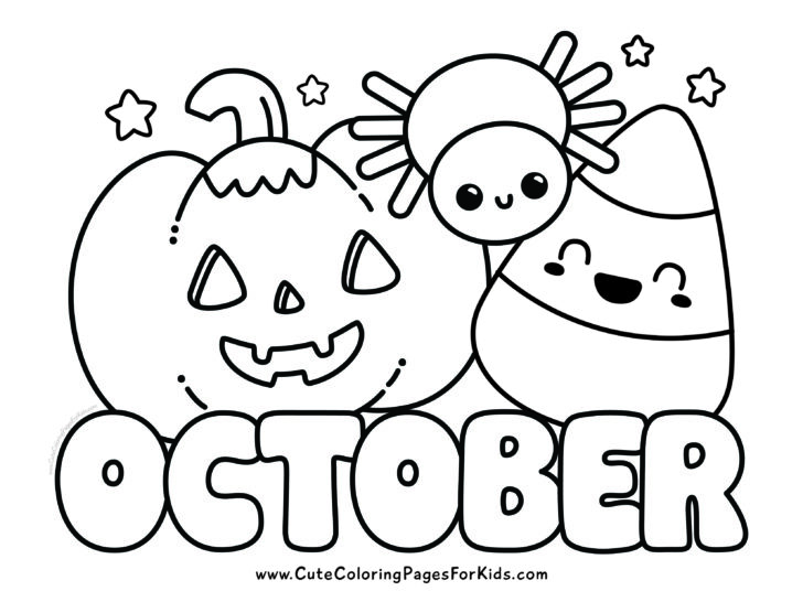 october coloring page with simple illustrations of a jack o lantern, cute spider, and candy corn