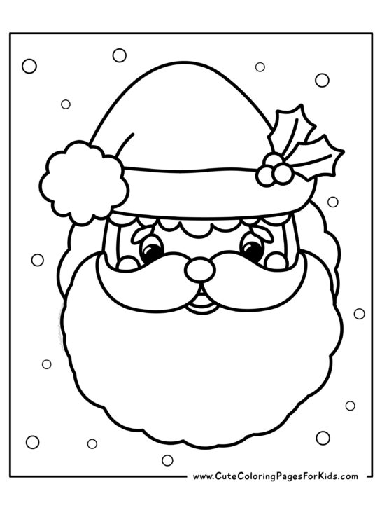 Santa face coloring page with bold and easy lines for coloring and small dots around the page