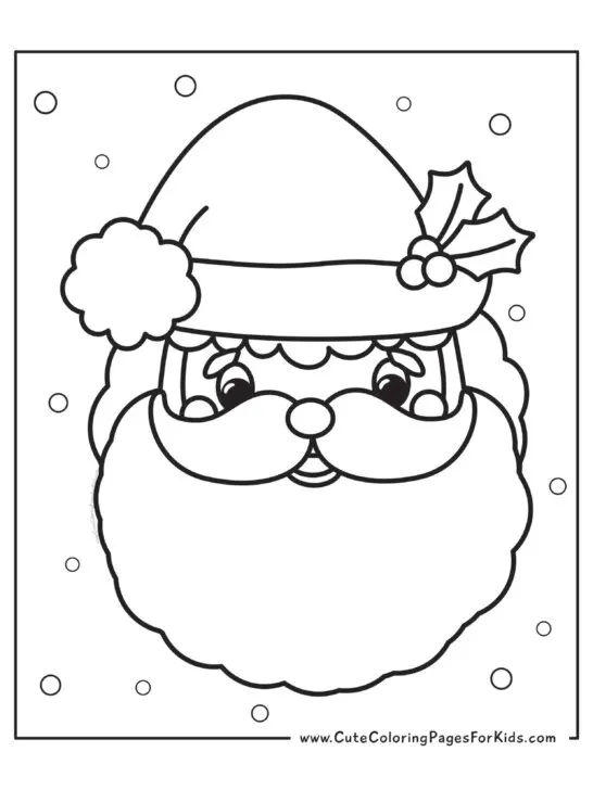 Santa face coloring page with bold and easy lines for coloring and small dots around the page