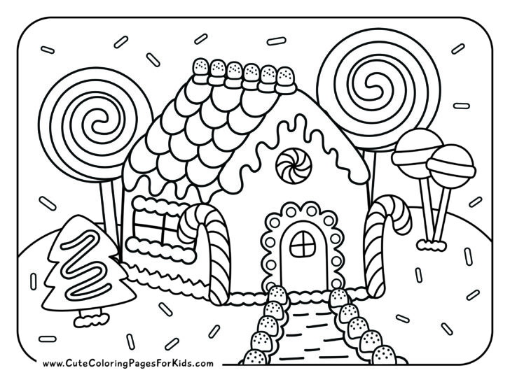 coloring page of a gingerbread house with lollipops, candy canes, gumdrops, and sprinkles