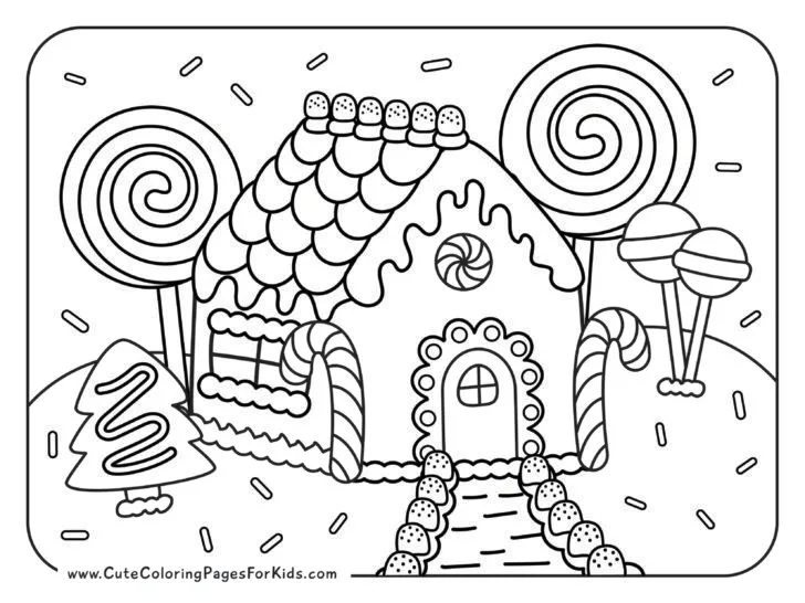 coloring page of a gingerbread house with lollipops, candy canes, gumdrops, and sprinkles