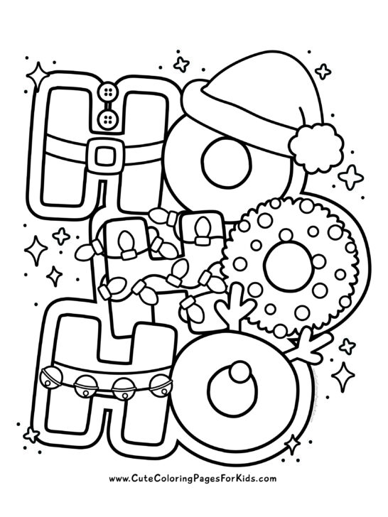 Ho Ho Ho coloring page with santa hat, reindeer antlers, jingle bells, holiday lights, and a wreath