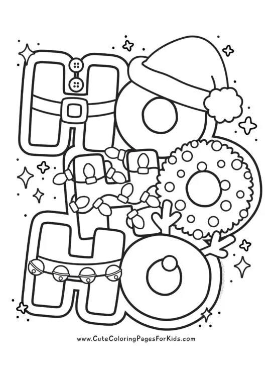 Ho Ho Ho coloring page with santa hat, reindeer antlers, jingle bells, holiday lights, and a wreath