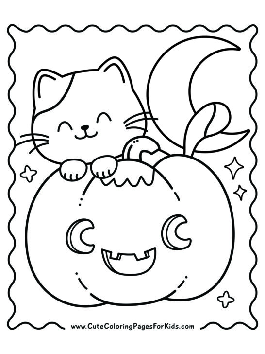 halloween coloring page with cute kitten peaking over the top of a jack-o-lantern.