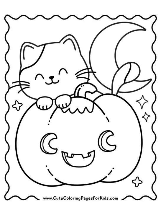 halloween coloring page with cute kitten peaking over the top of a jack-o-lantern.