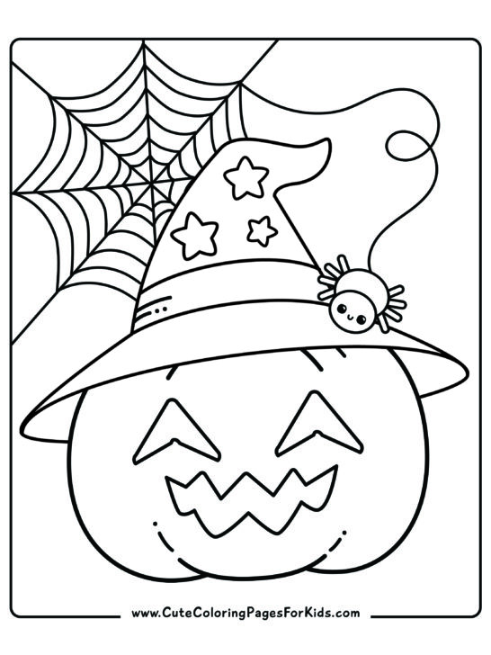 jack o lantern coloring sheet with witch hat and cute spider with spider web in the background