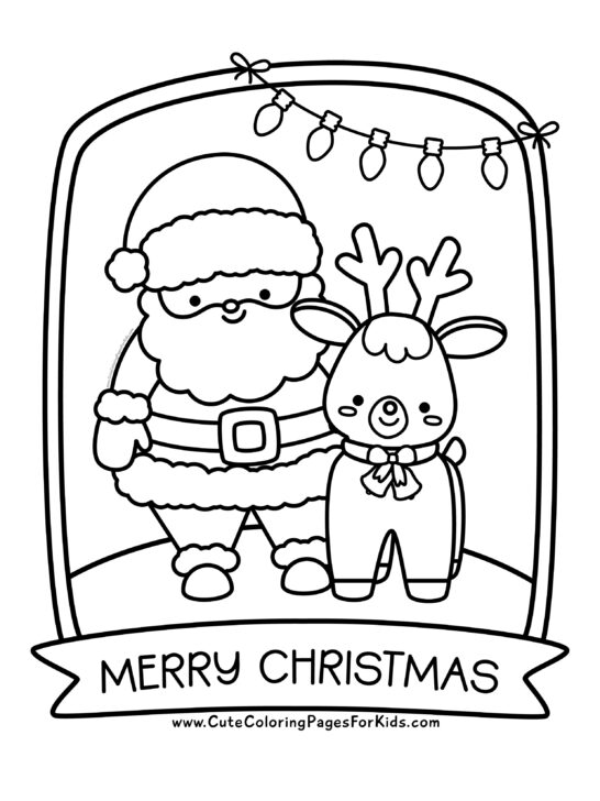 Christmas coloring sheet with cute reindeer standing next to  Santa Clause under Christmas string lights.