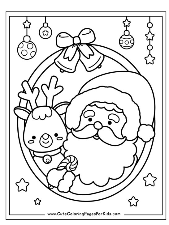 coloring page with picture of Santa with Rudolph the reindeer, inside a circle frame with bells, ornaments, and stars decorating the page