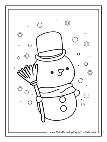 snowman coloring page with a cute snowman holding a broom