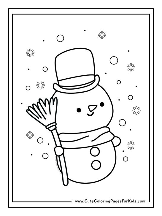 snowman coloring page with a cute snowman holding a broom