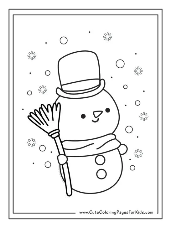 snowman coloring page with a cute snowman holding a broom