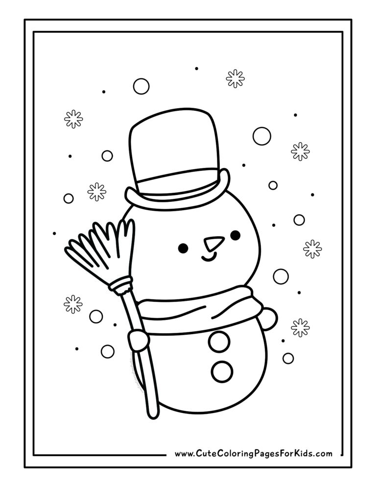 snowman coloring page with a cute snowman holding a broom