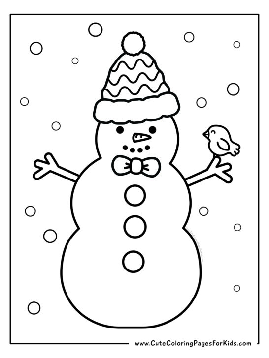 snowman coloring page with tall snowman wearing a bow and a hat with a bird on his branch hand