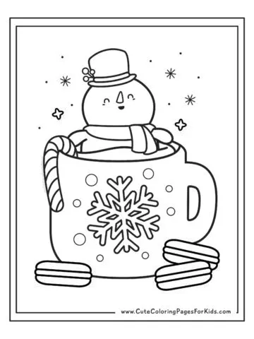 snowman coloring page with picture of a snowman sitting in a cup of hot cocoa with a candy cane and cookies around the cup